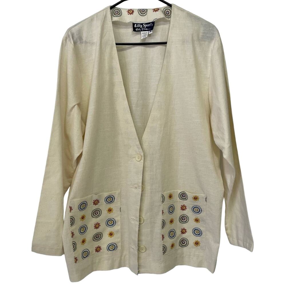 Vintage Blazer Medium Cotton Lightweight Cream Geometric Designs Lilly Sports